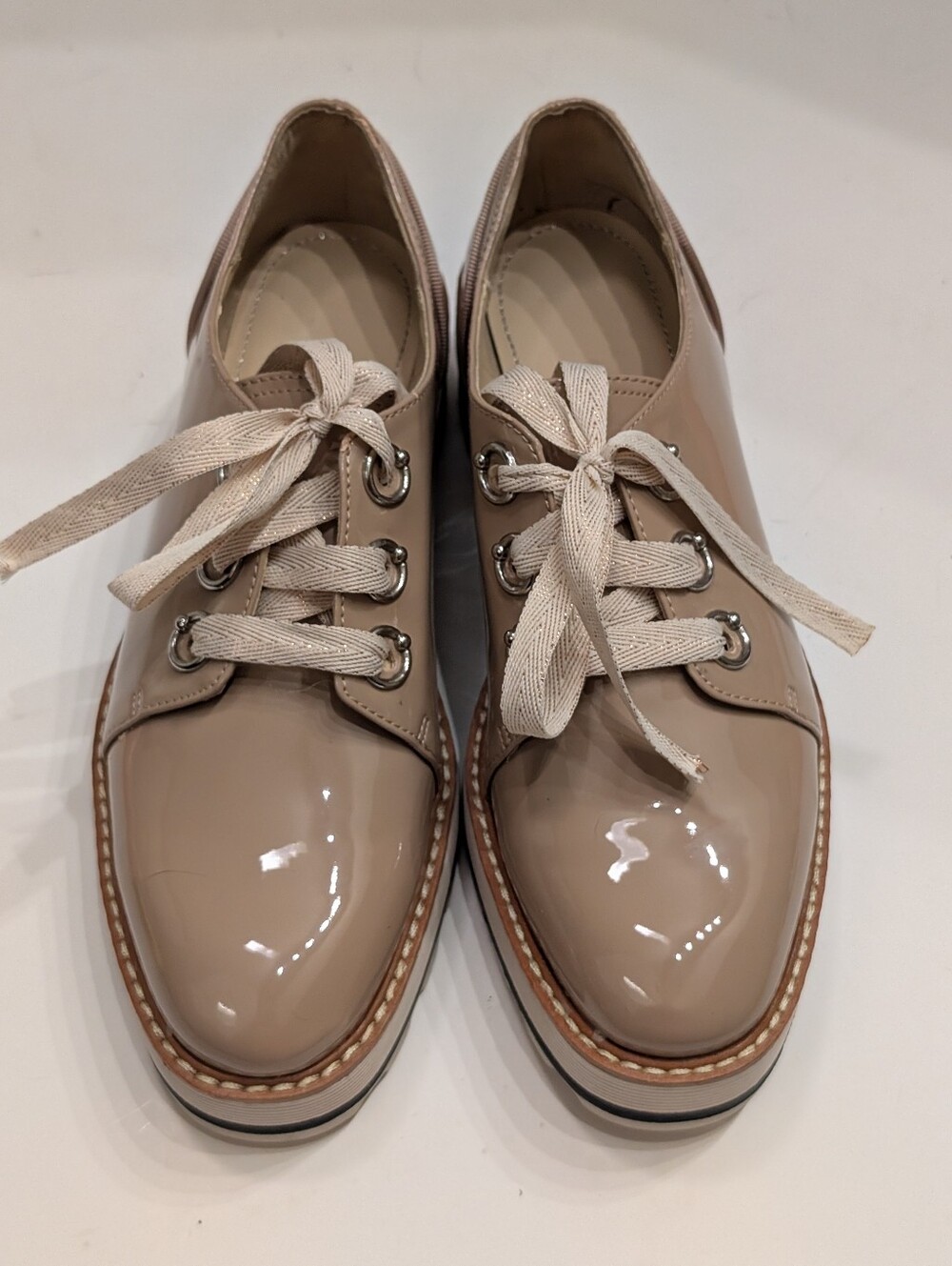 Zara Women's 36/6 Patent Leather Shoes Derby Chunky Oxfords Tan